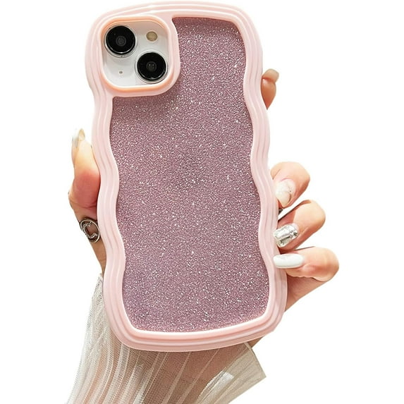 Compatible for iPhone 13 Case or iPhone 14 Case, Glitter Cute Wavy Frame Full Protection for iPhone 13 / iPhone 14 6.1" Soft TPU Shockproof Phone Cover for Women Girls (Pink)