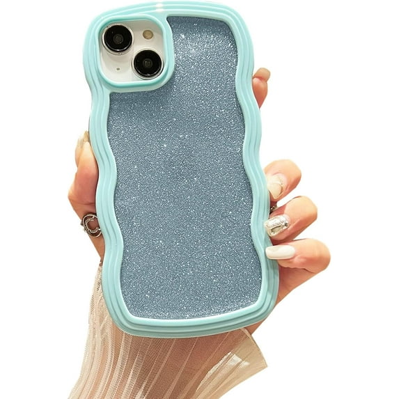 Compatible for iPhone 13 Case or iPhone 14 Case, Glitter Cute Wavy Frame Full Protection for iPhone 13 / iPhone 14 6.1" Soft TPU Shockproof Phone Cover for Women Girls (Light Green)