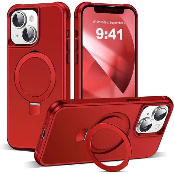Compatible with iPhone 13 Case & iPhone 14 Case with Invisible Magnetic O-Ring Stand Phone Cases for 13 & 14 6.1" [Compatible with Mag-Safe][Great Grip Feeling], Red