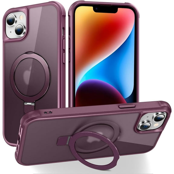 Compatible with iPhone 13 Case & iPhone 14 Case with Invisible Magnetic O-Ring Stand Translucent Case for iPhone 13 & 14 6.1" [Compatible with MagSafe][Great Grip Feeling], Wine Red
