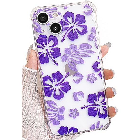 Compatible with iPhone 13 Clear Case,Cute Flower Floral Color Design,Slim Thin Phone Case with Air-Guard Corner Shockproof Protective Girly Soft TPU Cover for Women Girls-Purple Hibiscus