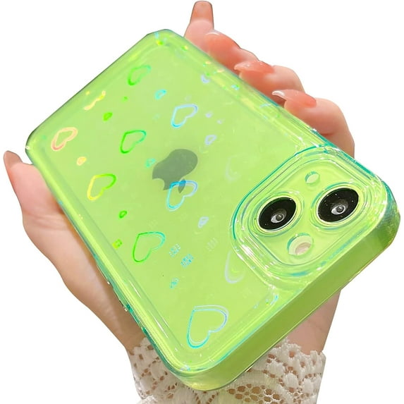 Compatible for iPhone 13 Clear Case, Cute Glitter Heart Rainbow Laser Holographic Bling Pattern Case for Women Girls Soft TPU Shockproof Camera Protective - Fluorescent Green