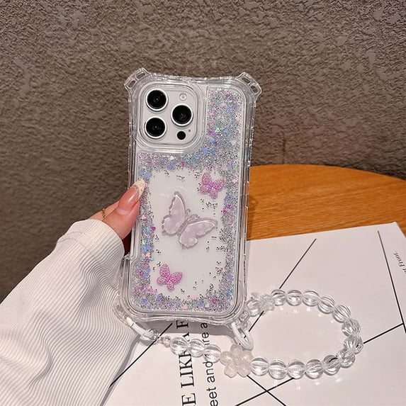Compatible with iPhone 13 Clear Phone Case,Back 3D Butterfly,With Beading Wrist Strap,3-in-1 Heavy Duty Shockproof Anti-Drop Bling Sparkle Colorful Glitter Transparent Phone Case,Silver