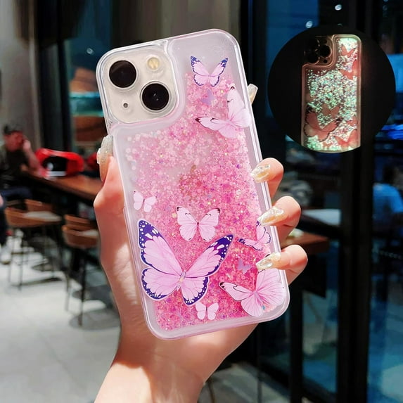 Compatible with iPhone 13?Glitter Butterfly Case?Glow in The Dark Women Girls Girly Bling Sparkle Flowing Quicksand Light up Case Soft TPU Bumper Luminous Clear Phone Cover, Pink