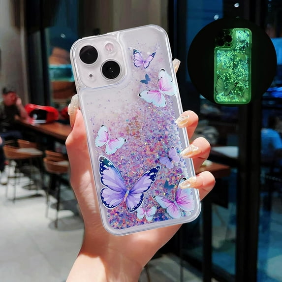 Compatible with iPhone 13?Glitter Butterfly Case?Glow in The Dark Women Girls Girly Bling Sparkle Flowing Quicksand Light up Case Soft TPU Bumper Luminous Clear Phone Cover, Purple