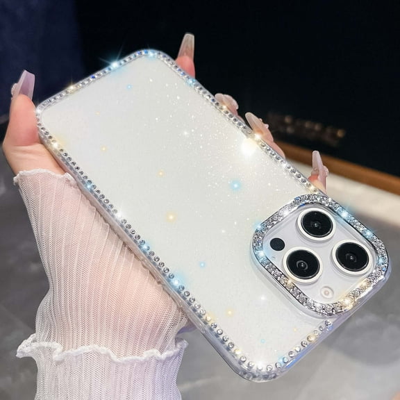 Compatible with iPhone 13 Glitter Phone Case,Cute Luxury Bling Sparkly Crystal Diamond Rhinestones Frame&Camera Ring,Shockproof Anti-fall Rugged Women Girls Slim Phone Case,White