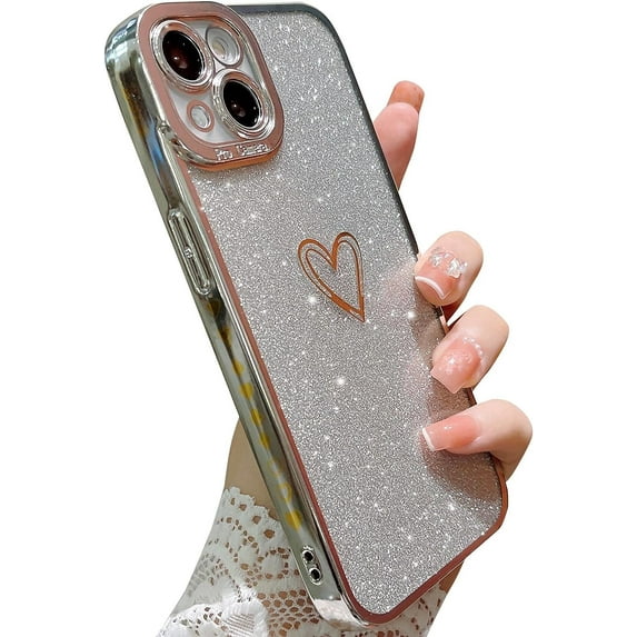 Compatible with iPhone 13 Glitter Plating Love Heart Case, Cute Luxury Electroplated Bling Sparkly Glitter Shiny Case for Women Girls Soft TPU Shockproof Camera Protective Back Cover Silver