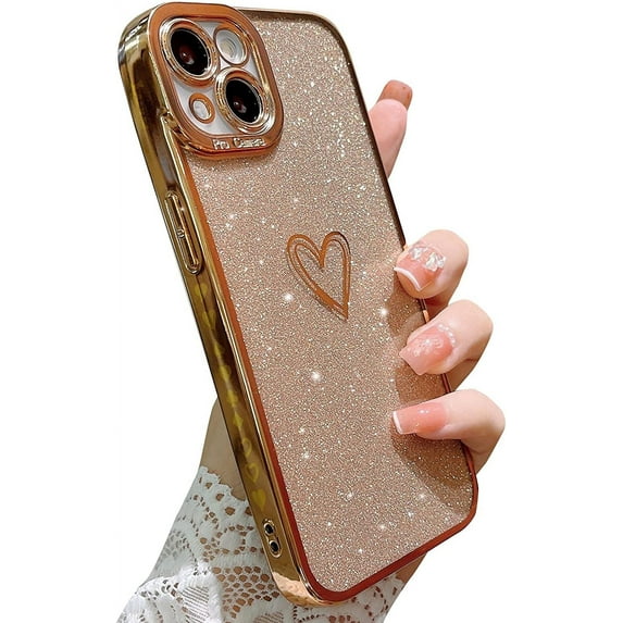 Compatible with iPhone 13 Glitter Plating Love Heart Case, Cute Luxury Electroplated Bling Sparkly Glitter Shiny Case for Women Girls Soft TPU Shockproof Camera Protective Back Cover - Glod