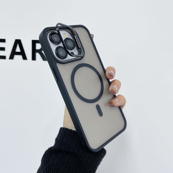 Compatible with iPhone 13 Luxury Case with Camera Cover Stand, with Lens Protector, Compatible with Magsafe, Lightweight Shockproof Anti-Scratch Translucent Matte Phone Cover - Black