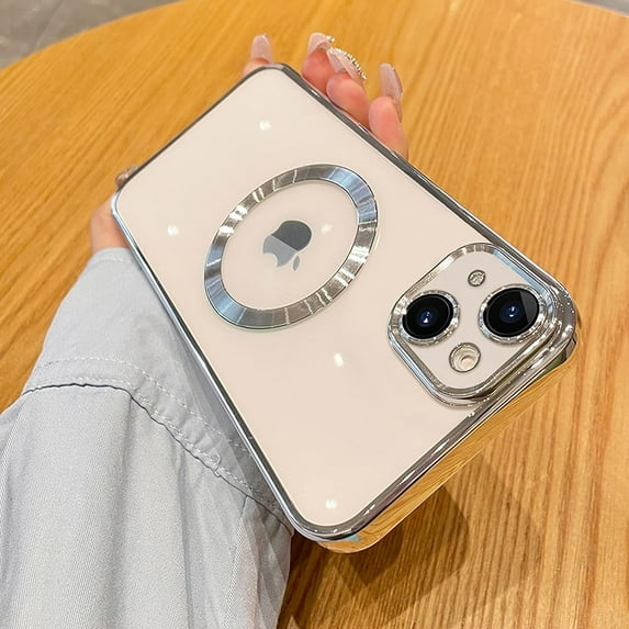 Compatible with iPhone 13 Magnetic Clear Case,Luxury Plating Bling Transparent Shockproof MagSafe Case with Full Camera Lens Protector for iPhone 13 Women Girl Men-Silver