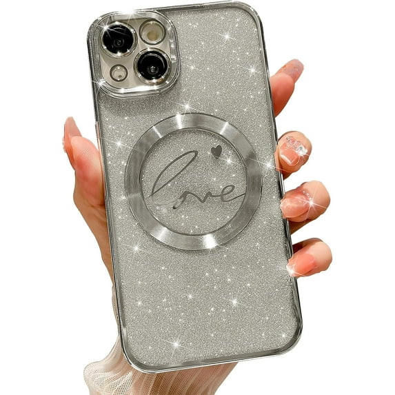 Compatible with iPhone 13 Magnetic Glitter Case-6.1 Inch, Luxury Love Heart Pattern Plating Clear Case, Compatible with MagSafe for Women Girls Shockproof Back Cover-Silver