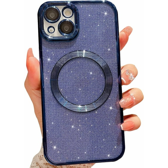 Compatible with iPhone 13 Magnetic Glitter Case, Luxury Plating Cute Bling Clear Phone Case, Compatible with MagSafe for Women Girls with Camera Protector Back Cover - Blue