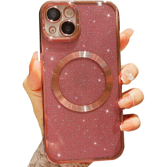 Compatible with iPhone 13 Magnetic Glitter Case, Luxury Plating Cute Bling Clear Phone Case, Compatible with MagSafe for Women Girls with Camera Protector Back Cover - Pink