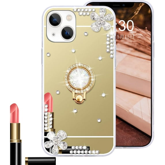 Compatible with iPhone 13 Makeup Mirror Case for Women Girls Luxury Bling Glitter Rhinestone Cover with Shiny Crystal Diamond Ring Stand Holder Finger Grip Cute Girly Cases Gold