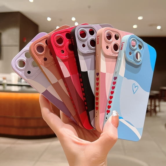 Compatible with iPhone 13 Mini Case 5.4 Inch, Cute Painted Art Heart Pattern Full Camera Lens Protective Slim Soft Shockproof Phone Case for Women Girls(Brown)