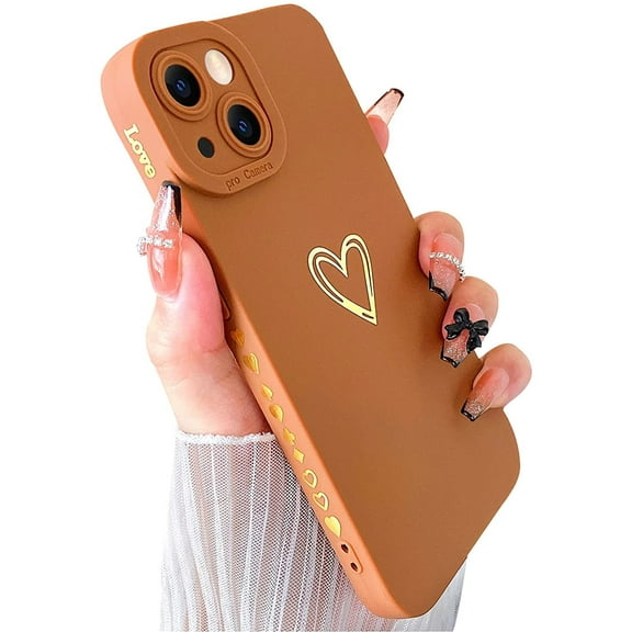 Compatible with iPhone 13 Mini Case Gold Heart Pattern Soft Liquid Silicone Shockproof Case for Women Girls Side Cute Plated Heart Pattern Slim Phone Case (Black)