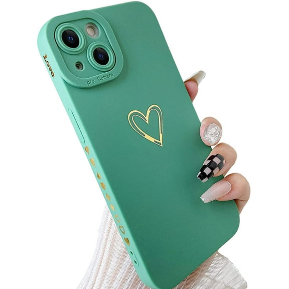 Compatible with iPhone 13 Mini Case Gold Heart Pattern Soft Liquid Silicone Shockproof Case for Women Girls Side Cute Plated Heart Pattern Slim Phone Case (Black)