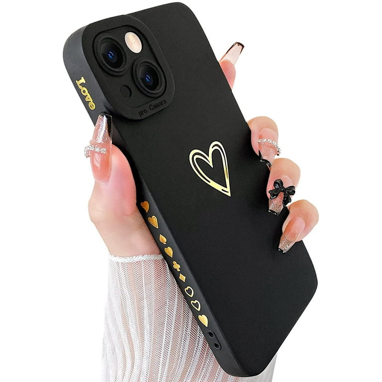 Compatible with iPhone 13 Mini Case Gold Heart Pattern Soft Liquid Silicone Shockproof Case for Women Girls Side Cute Plated Heart Pattern Slim Phone