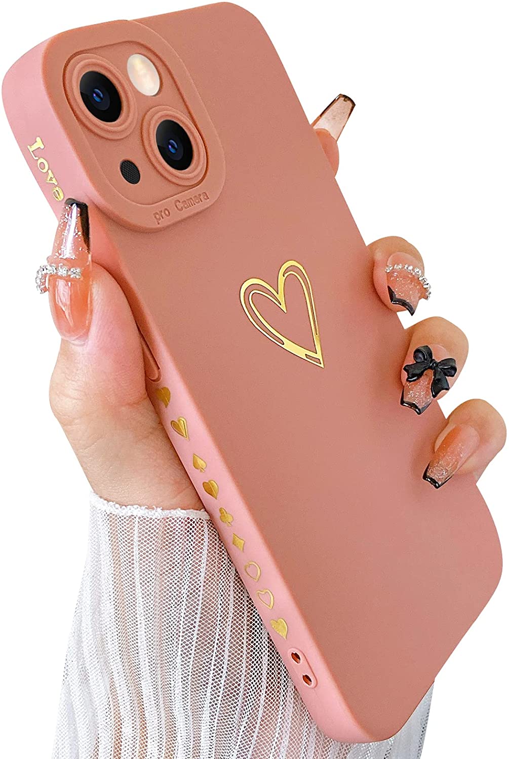 Compatible with iPhone 13 Mini Case Gold Heart Pattern Soft Liquid Silicone  Shockproof Case for Women Girls Side Cute Plated Heart Pattern Slim Phone  Case (Black)