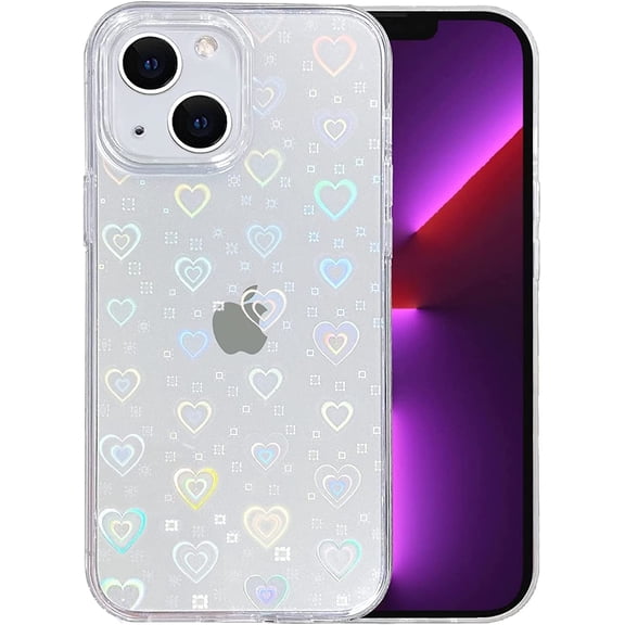 Compatible with iPhone 13 Mini Case, for Laser Glitter Bling Heart Soft & Flexible TPU and Hard PC Back Shockproof Cover Women Girls Heart Pattern Phone Case (Rainbow Heart/Clear)