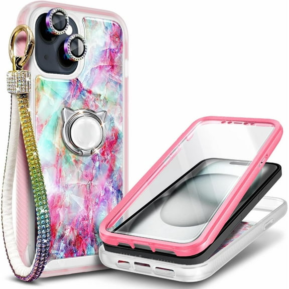 Compatible with iPhone 13 Mini Case, Nagebee Full Body Protection with [Built-in Screen Protector]/Camera Lens Protector/Diamond Wrist Strap Lanyard/Ring Holder, Shockproof Bumper Case (Fantasy)