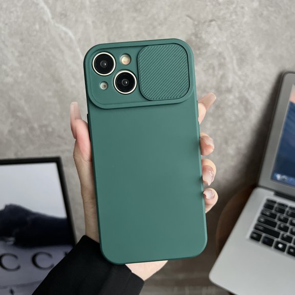 Compatible with iPhone 13 Mini Case, [Smooth Silicone Full Coverage Camera] [Drop Protection], Shockproof Slim Soft Microfiber Lining Camera Lens Slide Protective Phone Case, Darkgreen
