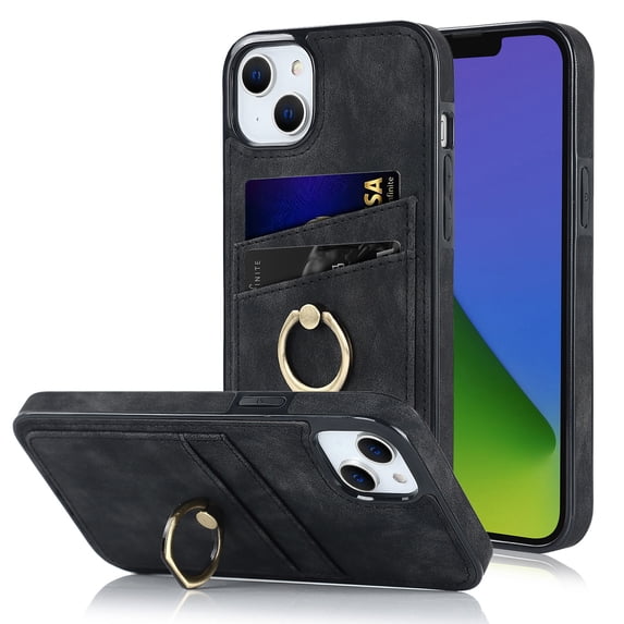 Compatible with iPhone 13 Mini Case Wallet with Card Holder, 360°Rotation Finger Ring Holder Kickstand Premium PU Leather Soft TPU Anti-Drop Back Phone Cover For iPhone 13 Mini, Black