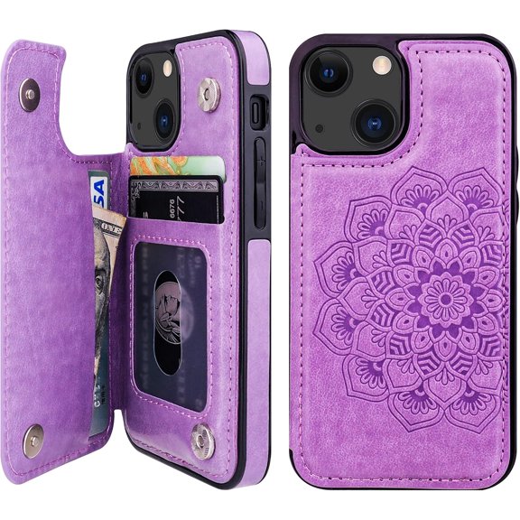 Compatible with iPhone 13 Mini Case Wallet with Card Holder, Embossed Mandala Pattern Flower PU Leather Double Buttons Flip Shockproof Cover for Magnetic Car Mount 5.4 Inch (Purple)