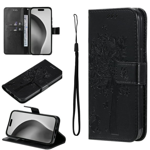 Compatible with iPhone 13 Mini Case Wallet Case with Kickstand Credit Card Holder Slots Cute Cat Butterfly & Tree Embossed Premium PU Leather Protective Phone Case with Wrist Strap,Black