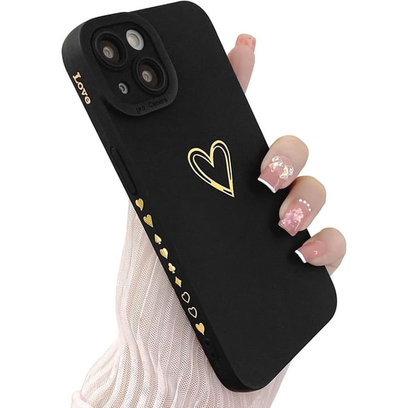 Compatible with iPhone 13 Mini Case for Women, Bronzing Luxury Heart Phone Case Cute Side Small Pattern Soft TPU Shockproof Full Camera Lens Protective Cover for iPhone 13 Mini (Black)