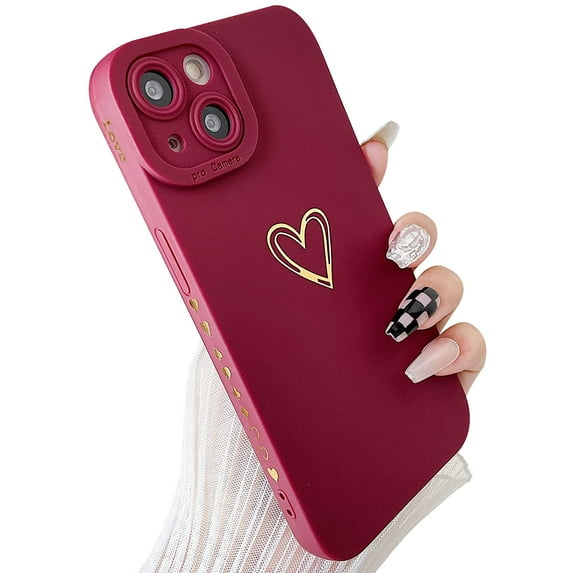 Compatible with iPhone 13 Mini Case for Women, Bronzing Luxury Heart Phone Case Cute Side Small Pattern Soft TPU Shockproof Full Camera Lens Protective Cover for iPhone 13 Mini (Burgundy)