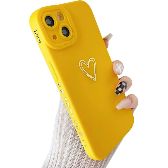 Compatible with iPhone 13 Mini Case for Women, Bronzing Luxury Heart Phone Case Cute Side Small Pattern Soft TPU Shockproof Full Camera Lens Protective Cover for iPhone 13 Mini (Yellow)