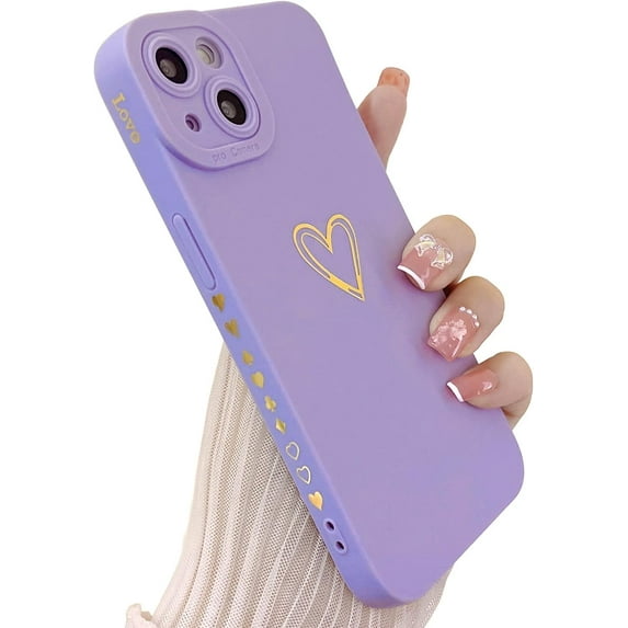 Compatible with iPhone 13 Mini Case for Women, Bronzing Luxury Heart Phone Case Cute Side Small Pattern Soft TPU Shockproof Full Camera Lens Protective Cover for iPhone 13 Mini (Purple)
