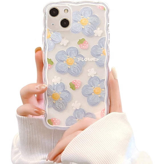 Compatible for iPhone 13 Mini Clear Case 6.7 Inch with Flower Cute Strawberry Lace Design for Girls Woman TPU Protective Slim Shockproof Floral Case for iPhone 13 Mini-Blue