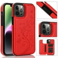thumbnail image 1 of Compatible With iPhone 13 Mini Phone Case Back Double-buckle Knurling Design Card Pocket Kickstand PU Leather Shock-absorbent Anti-Fingerprint Lightweight Phone Cover,Red, 1 of 9
