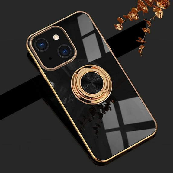 Compatible with iPhone 13 Mini Ring Holder Stand Case Glitter Plating Rose Gold Edge 360 Rotation Kickstand for Women Slim Soft Flexible TPU Protective Cover Case - 5.4 Inch (2021), Black