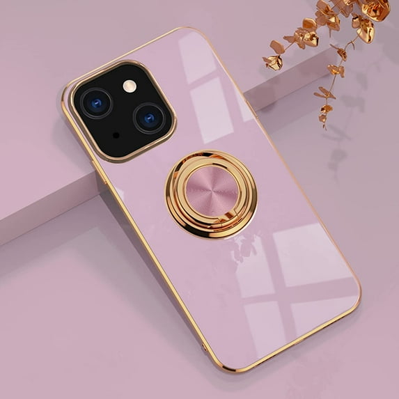 Compatible with iPhone 13 Mini Ring Holder Stand Case Glitter Plating Rose Gold Edge 360 Rotation Kickstand for Women Slim Soft Flexible TPU Protective Cover Case - 5.4 Inch (2021), Purple