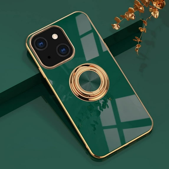 Compatible with iPhone 13 Mini Ring Holder Stand Case Glitter Plating Rose Gold Edge 360 Rotation Kickstand for Women Slim Soft Flexible TPU Protective Cover Case - 5.4 Inch (2021), Green