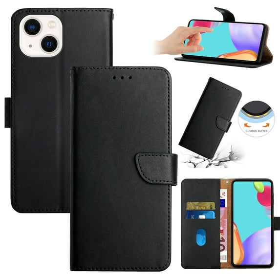 Compatible with iPhone 13 Mini Vintage Wallet || Real Leather Wallet Phone Case || Genuine Leather with Viewing Stand & Card Holder || Magnetic Flip Folio Cover with Card Slot, Black