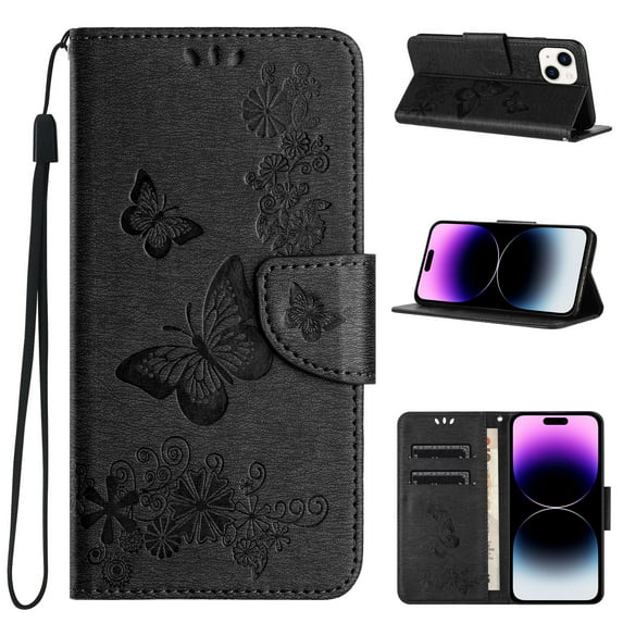 Compatible With iPhone 13 Mini Wallet Case Full Coverage 360° Protection Dustproof Card Pocket Kickstand Butterfly Pattern Shockproof Magnetic Closure Luxury Folio Phone Cover,Black