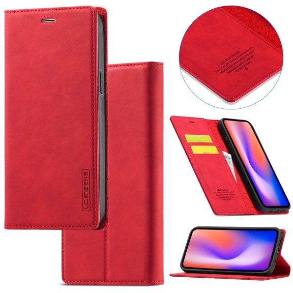 Compatible with iPhone 13 Mini Wallet Case, PU Leather Flip Folio Case with Card Holders RFID Blocking Kickstand [Shockproof TPU Inner Shell] Phone Cover For iPhone 13 Mini, Red