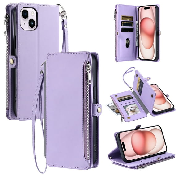 Compatible with iPhone 13 Mini Wallet Case [RFID Blocking] Crossbody Strap Case PU Leather Zipper Pocket with Wrist Lanyard Magnetic Flip Kickstand Credit Card Holder Phone Case,Purple