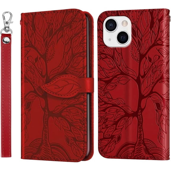 Compatible with iPhone 13 Mini Wallet Case Women Leather Flip with Wrist Strap Kickstand Magnetic Shockproof with Card Holder Protective Case for iPhone 13 Mini 5.4 inch Life Tree Red