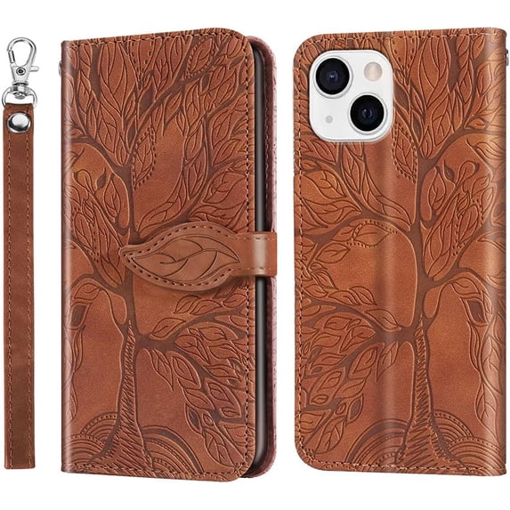 Compatible with iPhone 13 Mini Wallet Case Women Leather Flip with Wrist Strap Kickstand Magnetic Shockproof with Card Holder Protective Case for iPhone 13 Mini 5.4 inch Life Tree Brown