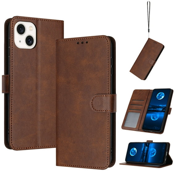 Compatible with iPhone 13 Mini Wallet Case for Women, Premium PU Leather Flip Cover with Card Holder, Kickstand Feature Protective Purse Case for iPhone 13 Mini with Wrist Strap,Brown