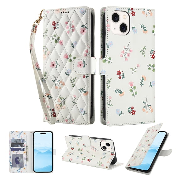 Compatible for iPhone 13 Mini Wallet Case with Wrist Strap, Women Girls Flower Pattern PU Leather Shockproof Protective Folio Cover with Card Holder Kickstand for iPhone 13 Mini, Pattern-A