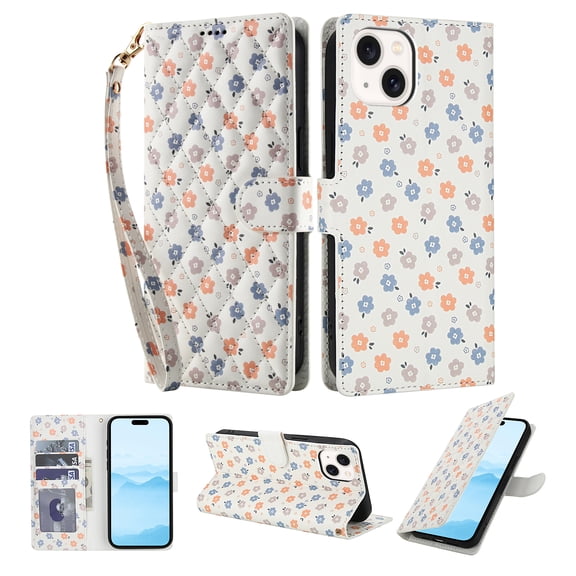 Compatible for iPhone 13 Mini Wallet Case with Wrist Strap, Women Girls Flower Pattern PU Leather Shockproof Protective Folio Cover with Card Holder Kickstand for iPhone 13 Mini, Pattern-B