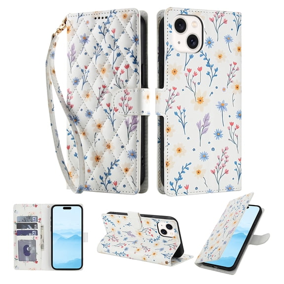 Compatible for iPhone 13 Mini Wallet Case with Wrist Strap, Women Girls Flower Pattern PU Leather Shockproof Protective Folio Cover with Card Holder Kickstand for iPhone 13 Mini, Pattern-E