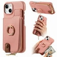 thumbnail image 1 of Compatible for iPhone 13 Mini Zipper Wallet Case with Card Holder, Rotation Ring Kickstand Case, PU Leather Card Slots RFID Blocking Protection Shockproof Phone Cover for iPhone 13 Mini, Pink, 1 of 10