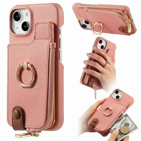 Compatible for iPhone 13 Mini Zipper Wallet Case with Card Holder, Rotation Ring Kickstand Case, PU Leather Card Slots RFID Blocking Protection Shockproof Phone Cover for iPhone 13 Mini, Pink